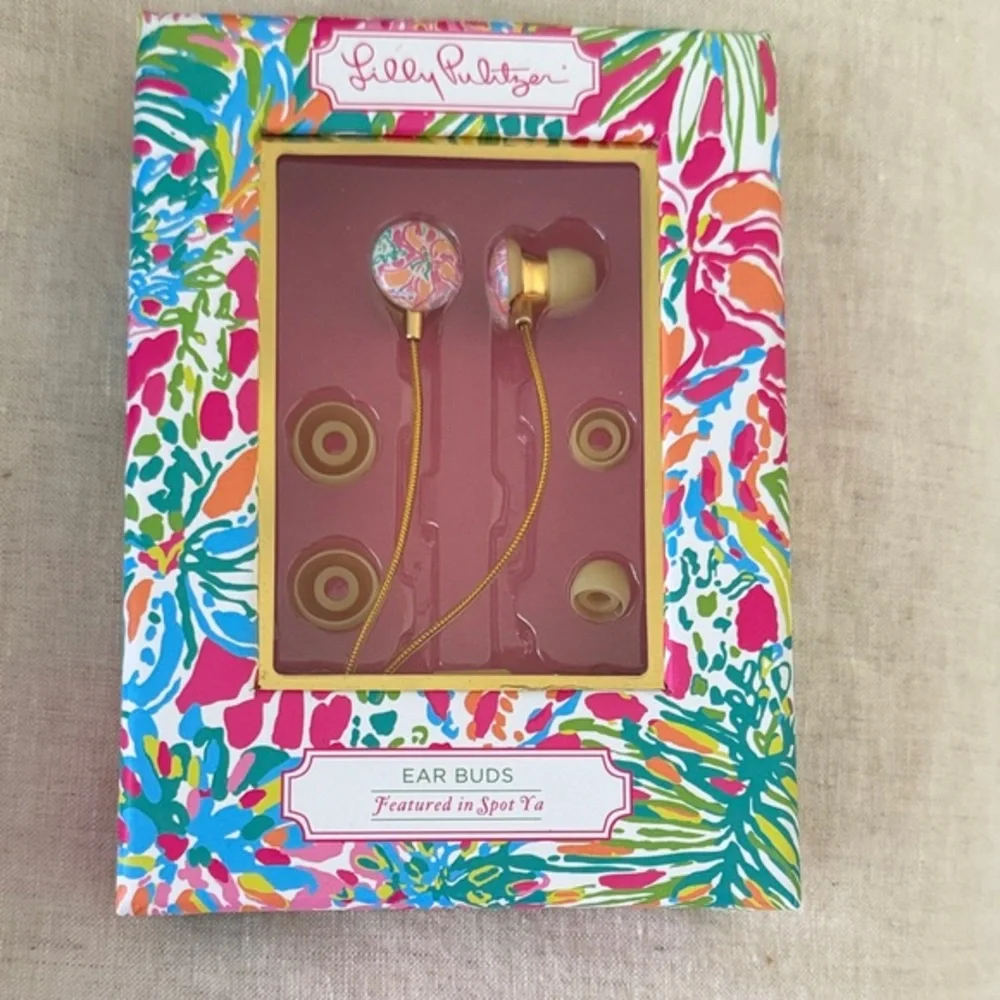 ❤️3 for $15❤️ Lilly Pulitzer Let’s Cha Cha Ear Buds with Gold Accents, like new!